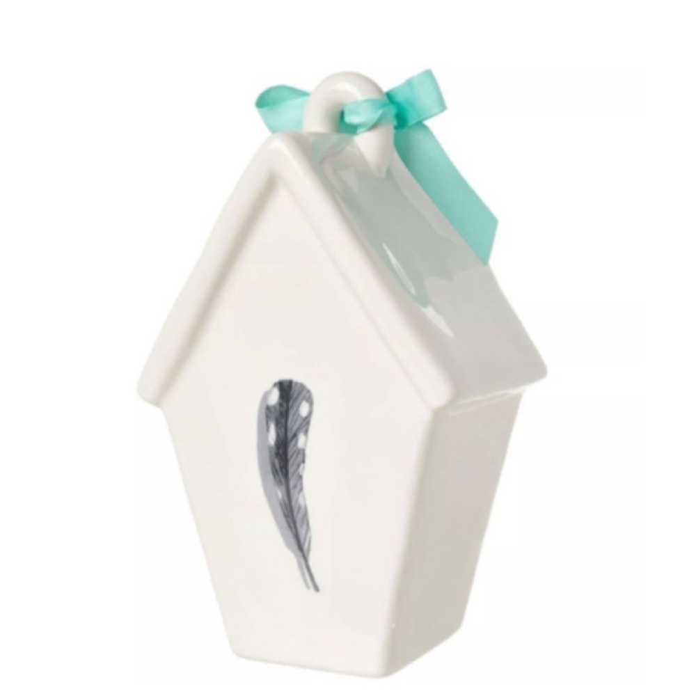 NEW Rae Dunn Wild Ceramic Slant Roof Birdhouse Feather Icon Back Blue Ribbon
